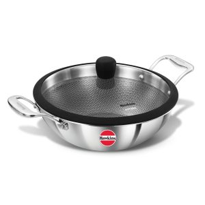 Hawkins Pro Triply Stainless Steel Shielded Nonstick Deep-Fry Pan | Kadhai with Stainless Steel Handles | Induction & Gas Compatible | with Glass Lid