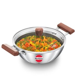 Hawkins 2.5 Litre Deep Kadhai, Triply Stainless Steel Shielded Nonstick Deep-Fry Pan with Rosewood Handle, Honeycomb Non Stick Induction Kadai | Induction and Gas Compatible | With Glass Lid