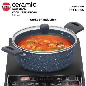 Hawkins Ceramic Nonstick Cook n Serve Bowl with Glass Lid, 3 Litre, Induction Pot, Granite Casserole