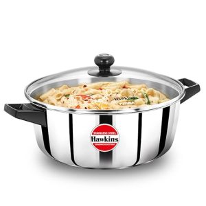 Hawkins Tri Ply Stainless Steel Cook n Serve Casserole, Sandwich Bottom Saucepan with Glass Lid, Induction and Gas Compatibe, Sauce Pan for Cooking and Serving
