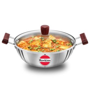 Hawkins Triply Stainless Steel Deep Kadhai, Deep Fry pan with Glass Lid, Flat Bottom Induction Kadhai